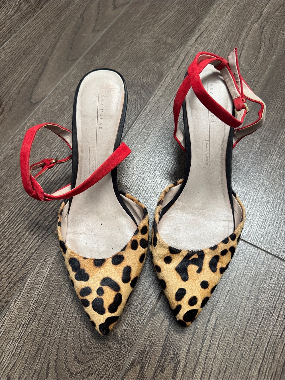 Zara Leopard Print Pointed Slingback Heels with Red Ankle Straps